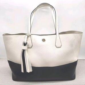 Tory Burch Perry Tote White Black Pebbled Leather Colorblock Handbag Tassel